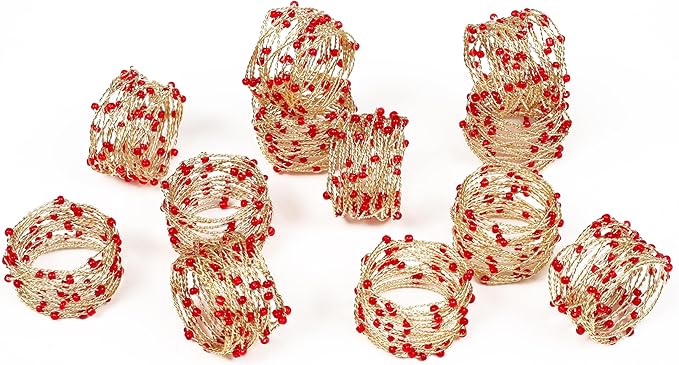 Gold Red Beaded Napkin Ring Set of 12 - Beautiful Fancy Elegant Decorative Napkin Holder for Christmas, Dinner Table Decoration, Farmhouse, Wedding, Party, Family Gathering, New Year & Everyday Use