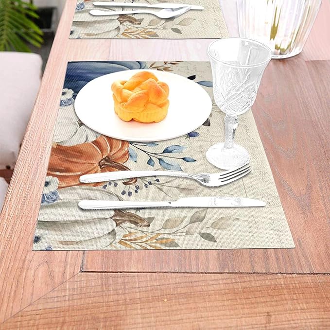 Fall Placemats 12x18 Inches Set of 4,Orange Blue Pumpkin Decorative Rectangle Autumn Thanksgiving Pumpkin Table Mats for Party, Home Kitchen,Dining Table Decoration