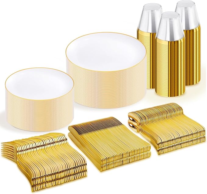 WDF 300PCS White and Gold Plates - Wedding Plastic Dinnerware Set for 50 Guests Include 50 Dinner & 50 Cake Plates, 50 Cutlery, 50 Cups for Wedding Birthday Valentine's Day