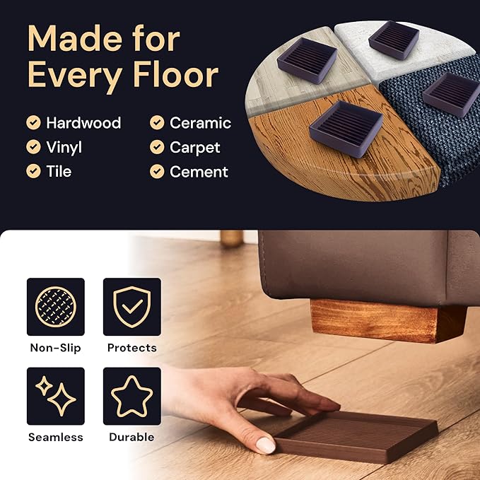 CasterMaster Square Rubber Furniture Pads - 4-Pack, Brown, 5in x 5in - Non Slip Furniture Pads for Hardwood Floors - Floor Protectors for Chairs & Rubber Feet - Stoppers to Prevent Sliding