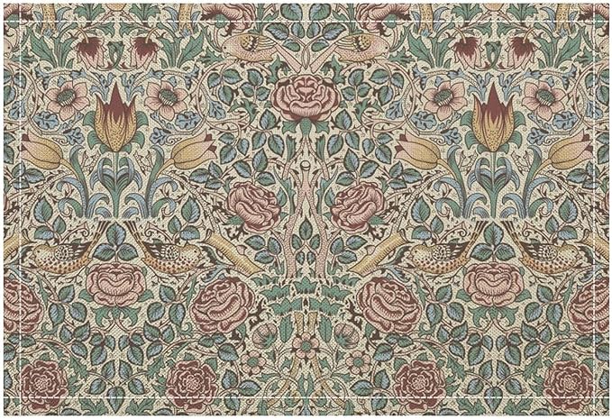 William Morris Placemat Set, Beige Blue Pink Vintage Rustic Art Exotic Ethnic Floral Bird Seamless Pattern Home Decor Linen Table Mats for Dining Room Kitchen Party (17x12in) x2P