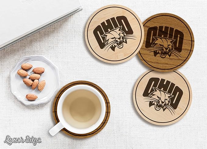LazerEdge Ohio Bobcats Wooden Coaster Set - Maple Wood - Officially Licensed Product - 4-Pack
