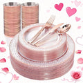 Ciaell 150PCS Rose Gold Plastic Plates – Disposable Plates with Rose Gold Plastic Silverware include 50Plates, 25Forks, 25Knives, 25Spoons, 25Cups for Wedding & Party