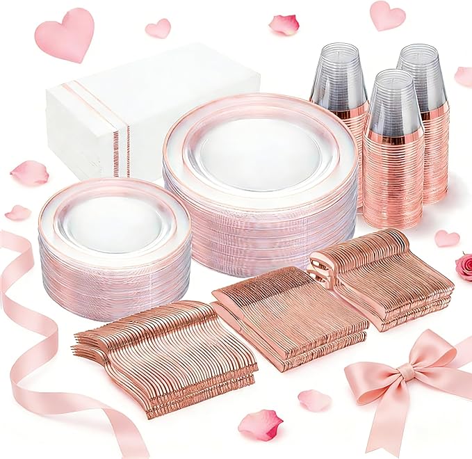 GATHER 350PCS Rose Gold Plastic Plates - Disposable Rose Gold Dinnerware Includes 100 Clear Rose Golds Rimmed Plastic Plates, 150 Silverware, 50 Napkins, 50 Cups for Party, Wedding, Valentine's Day