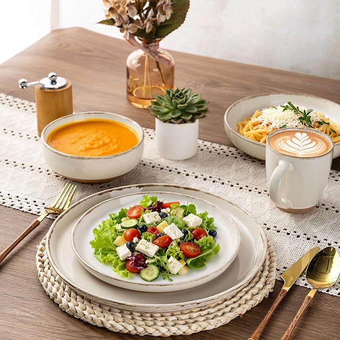 AmorArc Ceramic Dinnerware Sets with Pasta Bowls for 4, Handpainted Plates and Bowls Set with Rustic Terracotta Underside, Scratch Resistant Dishes Set, Dishwasher & Microwave Safe, 16 Pcs
