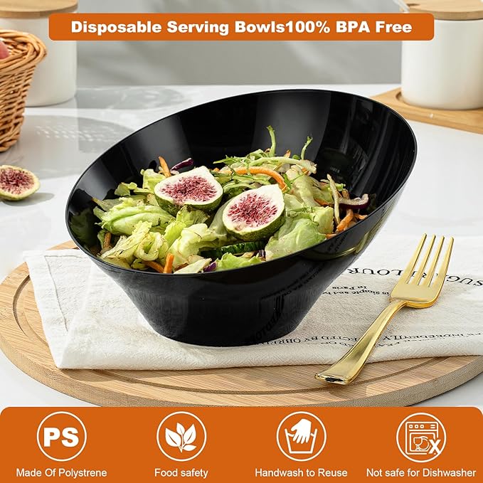 Goodluck 12 Pack Black Plastic Serving Bowls for Party - 20 OZ Angled Disposable Serving Bowls for Wedding Party Chip, Candy, Salad & Fruit