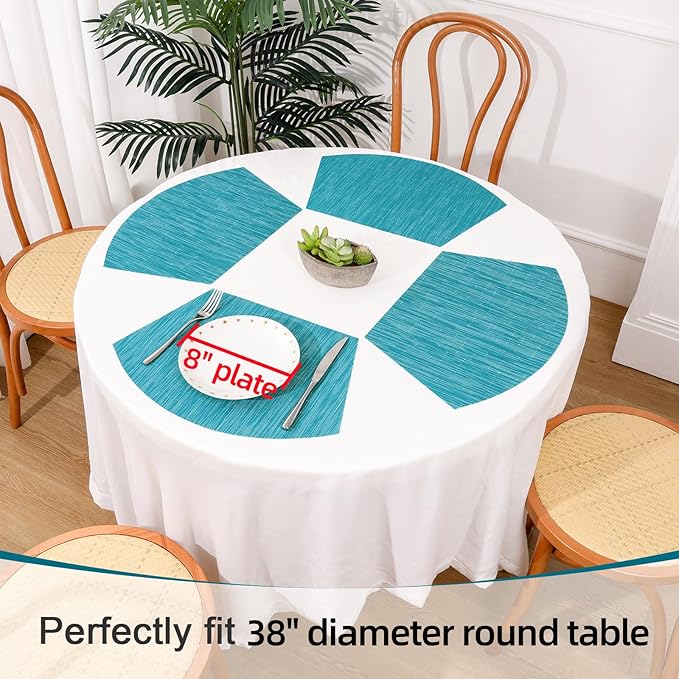 SHACOS Round Table Placemats Set of 7 Woven Vinyl Wedge Placemats with Centerpiece Heat Resistant Table Mats Wipe Clean (7, Teal Blue)