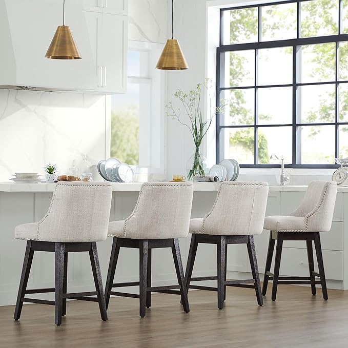 CHITA Counter Height Swivel Bar Stools Set of 4, FSC Certified Upholstered Counter Stools, Modern Swivel Barstools with Wood Legs for Kitchen Island, 26" Seat Height, Fabric in Ivory