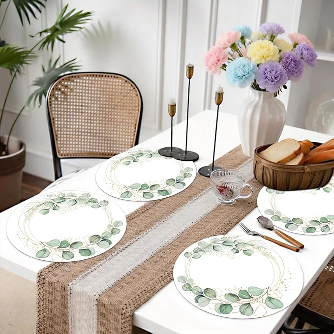50PCS Eucalyptus & Gold Disposable Paper Placemats 13.5 Inch Spring Summer Round Eucalyptus Leaves Table Mats for Weddings, Bridal Showers & Modern Dining