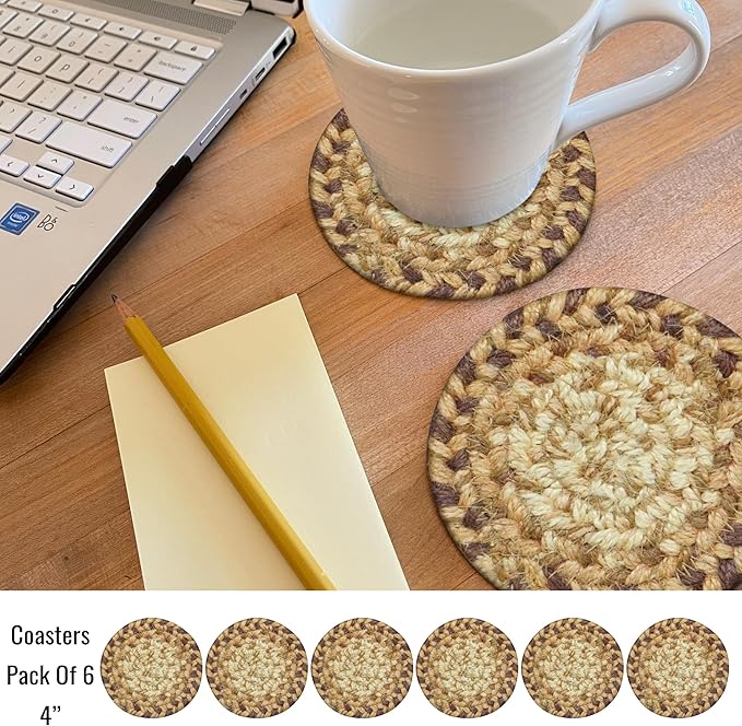 Homespice Cookie Doughg Jute Braided Rope Coasters 4", Warm Lodge and Cabin Decor, Set of 6, Multicolor - Durable, Absorbs Moisture, Easy to Clean and Protects Furniture