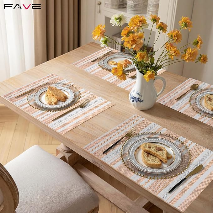 FAVE Boho Vinyl Placemats Set of 4, Durable Woven Place Mats Washable Heat Resistant PVC Table Mats for Parties,Weddings, Dining,Banquet(Orange, 4PCS)