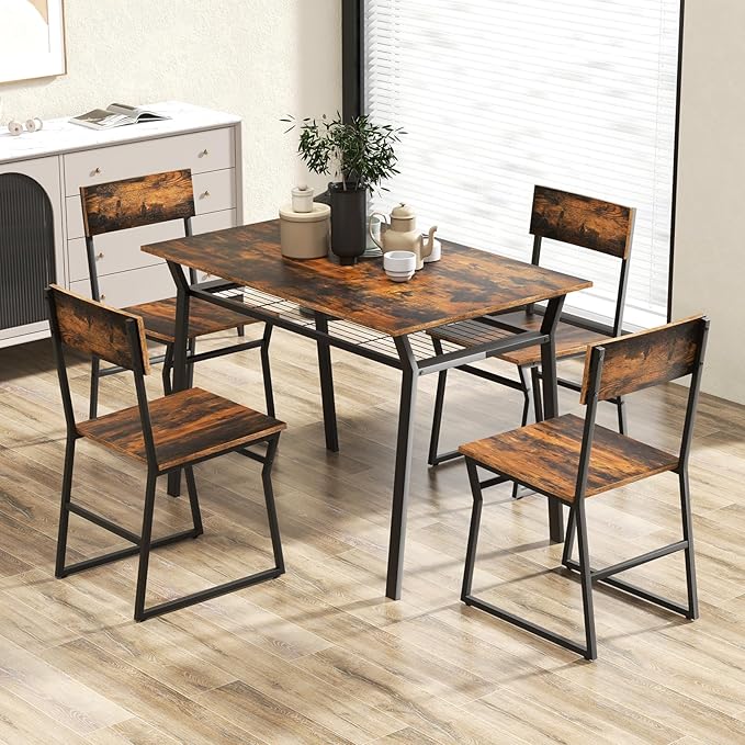 Giantex Dining Table Set for 4, 47”L x 28”W Rectangular Kitchen Table w/ 4 Trapezoid Chairs, Reinforced Metal Frame & Storage Rack, Industrial Space-Saving Dinette Set for Kitchen Dining Room (Brown)