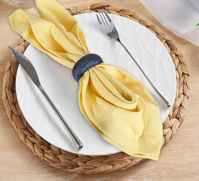 CLEENTABLE Rustic Napkin Rings Set of 12 - Rayon Napkin Holders for Table Decor, Weddings, Dinner Parties & Everyday Dining - Farmhouse Boho Napkin Rings (Blue)