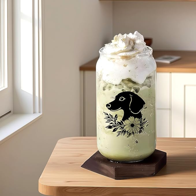 Cute Dachshund Glass Cup With Lids And Straws, Dachshund Gift For Women, Iced, Coffee, Smoothie, Cocktail, Beer, Whiskey, Soda, Matcha,16 Oz, Home Office Table Desk Decoration!