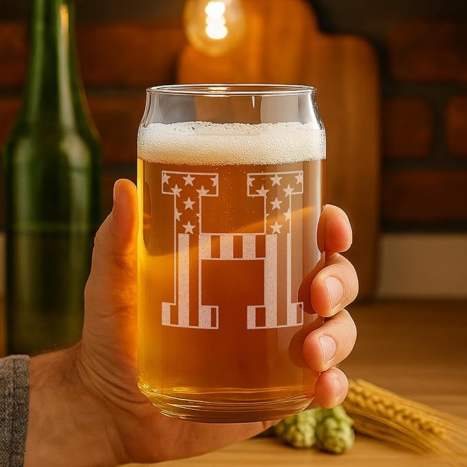 Monogram Beer Glasses for Men (A-Z) 16 oz - Beer Gifts for Men Brother Son Dad Neighbor - Unique Gifts for Him - Personalized Drinking Gift Beer Glass Mugs - Engraved Beer Can Glass (H)