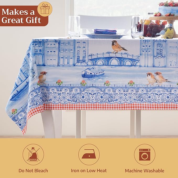 Maison d' Hermine Table Cloth Square Table 100% Cotton 60 x 60 Inches Tablecloth Reusable Decorative for Dining Room Farmhouse Home Valentines Day Decorations Spring Summer - Amsterdam Canals