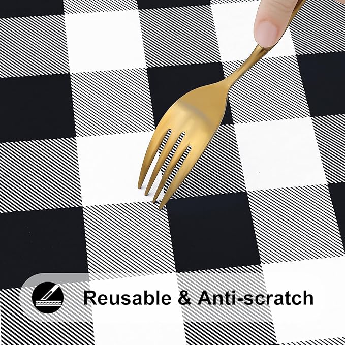 Smiry Rectangle Picnic Table Cloth, Elastic Waterproof Fitted Vinyl Tablecloths, Flannel Backed Buffalo Plaid Table Covers for Dining, Camping, Outdoor (Black and White, 30" x 96")