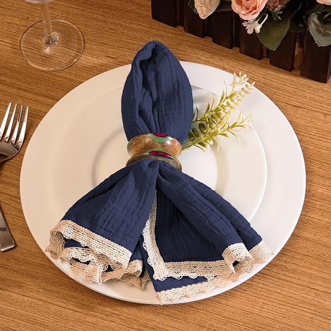 FINGERCRAFT Dinner Cloth Napkin Cotton Muslin Double Gauze 4 Pack with Classic Lace for Everyday Use, Wedding, Party, Christmas, Easter Napkins Cloth are Pre Shrunk and Good Absorbency Stellar