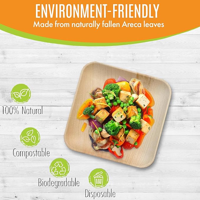 Raj Palm Leaf Plates Bulk [50-Pack] 7" Square Plates(40 CASES - 2000 PACK) like Bamboo plates Disposable, Strong, Decorative Compostable Tableware for weddings, Lunch, Dinner, Birthday, Camping