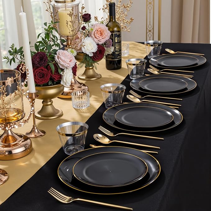 bUCLA 150PCS Black and Gold Plastic Plates - Black Gold Plastic Dinnerware Set Disposable - Include 25 Dinner / 25 Dessert Plates, 25 Knives, 25 Forks, 25 Spoons, 25 Cups, Ideal for Party & Birthday