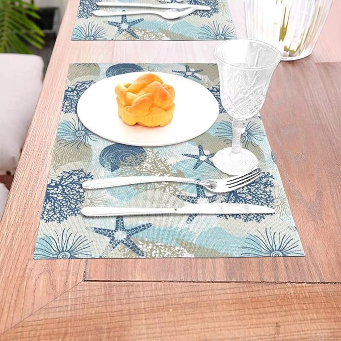 Placemats Set of 6 Aqua Blue Nautical Place Mats Coastal Beach Theme Coral Starfish Woven Table Mats Washable Blue Coral PVC Placemat for Dining Kitchen Decor Indoor Outdoor, 12 x 18 Inch
