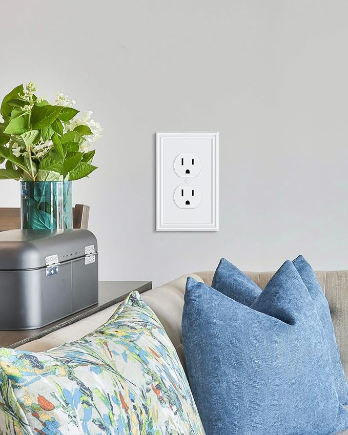 6-Pack Single Duplex Outlet Cover Plate, Decorative White Switch Plates and Outlet Covers, Metal Wall Plates for Electrical Outlets, 1 Gang Receptacle Cover, Corrosion Resistant