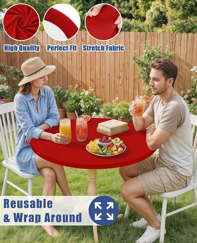 Round Spandex Tablecloth, Elastic Fitted Waterproof Tablecloths for 18"-24" Tables, Stretch Washable Picnic Table Cover for Camping, Dining, Indoor and Outdoor, Red