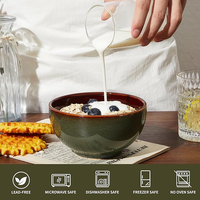 5.5" Cereal Bowls & Dessert Bowls Set of 6-22 Oz Small Bowls for Kitchen-Ceramic Bowl for Cereal, Soup, Oatmeal, Salad, Ramen, Noodle, Rice, Yogurt-Dishwasher & Microwave Safe, Brown Green