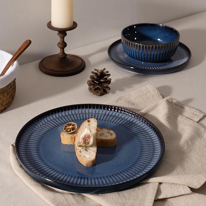 Famiware Starlight Plates and Bowls Dishes Set of 4 (12 Pieces), Ribbed Textured Stoneware Dinnerware Sets- Dishwasher & Microwave Safe, Chip & Scratch Resistant, Starry Blue