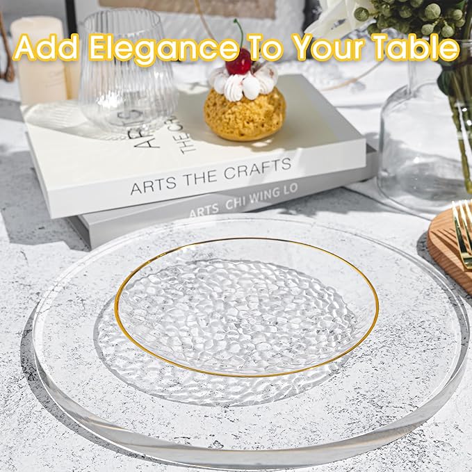 100PCS Clear and Gold Plastic Plates, 7 Inch Disposable Dessert Plates with Gold Rim, Heavy Duty Stone Texture Plastic Plates for Party and Weddings