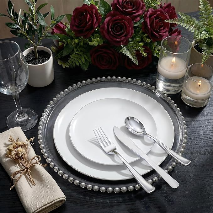 KIRE 100PCS Silver Plastic Plates - Heavy Duty White Disposable Plates with Silver Rim for Party/Wedding - Include 50Pcs 10.25inch Dinner Plates and 50Pcs 7.5inch Dessert Plates for Christmas