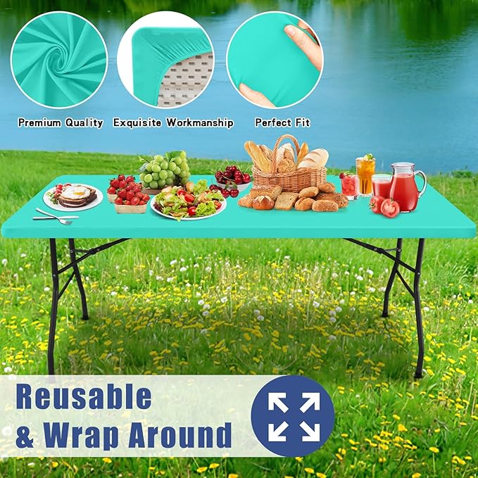 Spandex 4 Foot Rectangle Table Cloth 2 Pack, Elastic Fitted Tablecloths for Picnic, Stretch Washable Patio Table Cover for Outdoor, Camping, Banquet and Parties (Aqua Blue, 30"x48")