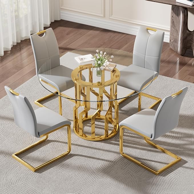 47.2" Round Glass Dining Table Set for 4, Modern 5 Piece Kitchen Table Set with Gold Stainless Steel Base & 4 PU Leather Accent Chairs, Saving Space, Dining Set for Apartment, Home - Grey Chair