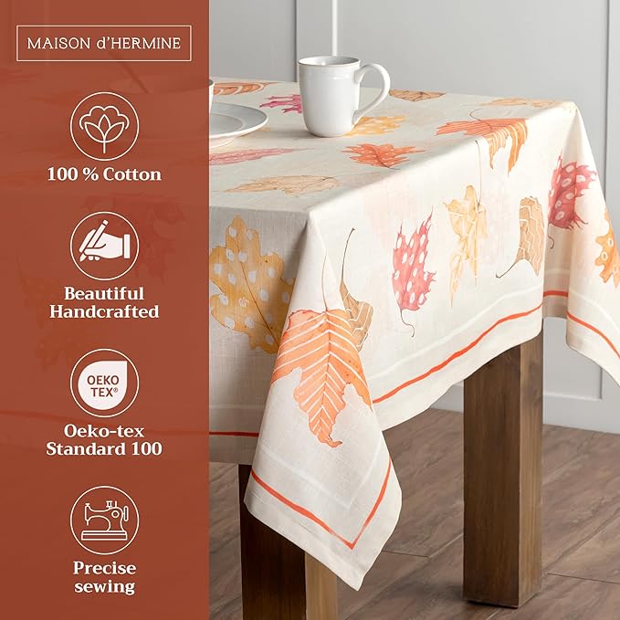 Maison d' Hermine Table Cloth Rectangle Table 100% Cotton 60 x 120 Inches Fall Tablecloth Reusable Everyday Use for Thanksgiving Christmas Decorations Dining Farmhouse Party (Colours of Autumn)