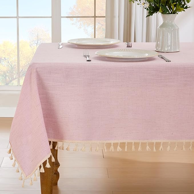 JIALE Valentines Textured Tablecloth, Heavy Duty Linen Style Farmhouse Table Cloth Rectangle Table, Wrinkle-Free Washable Waterproof Table Cover for Kitchen, Dining, Parties, 55"x120", Pink