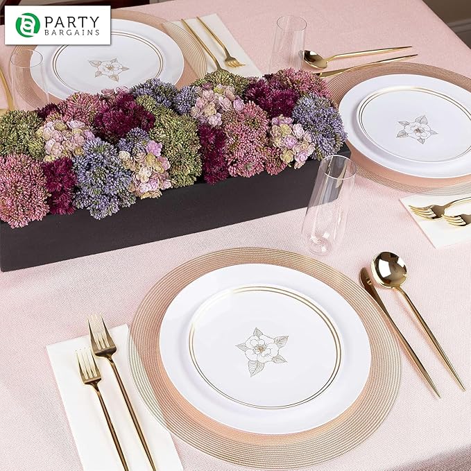 PARTY BARGAINS 13-Inch Charger Plates - 8 Pack, Clear Gold Rope Textured Rim, Heavy-Duty Disposable Chargers for Elegant Dining - Ideal for Weddings and Formal Events