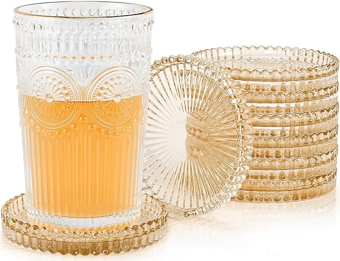 Vintage Glass Coasters, GOH DODD Set of 8 Crystal Coasters Tabletop Protection for Drinks, Home Decor, Kitchen, Living Room, Patio, Wedding, Party, Housewarming Gifts, Amber