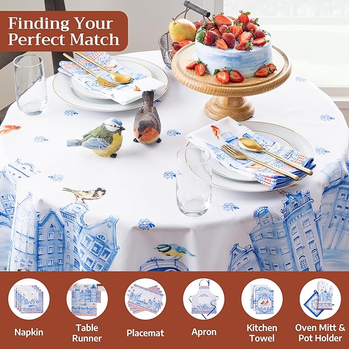 Maison d' Hermine Table Cloth Round Table 100% Cotton 63 Round Inches Tablecloth Reusable Decorative for Dining Room Farmhouse Home Valentines Day Decorations Spring Summer - Amsterdam Canals