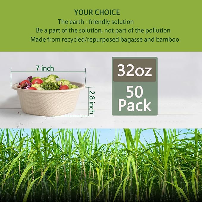32 Oz Deep Paper Bowls Disposable Bowl - Disposable Heavy Duty Compostable Bowls, Eco-friendly Sugarcane Bagasse Biodegradable Bowl for Soup, Salad, Dessert, Ice Cream [50 Pack without Lds]