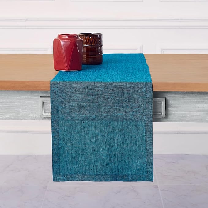 Solino Home Linen Small Table Runner 48 Inches - Athena, 100% Pure Linen Chambray Teal Table Runner 14 x 48 Inch Ideal for Dresser and Coffee Tables, Spring, Easter, St Patricks Day