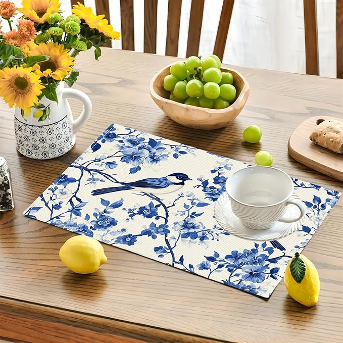 Flower Bird Placemats Set of 4, Blue Birds Place Mats,Blue and White Floral Waterproof Washable Table Mats for Home Party Indoor Kitchen Dining Table Decoration 12x18 Inch