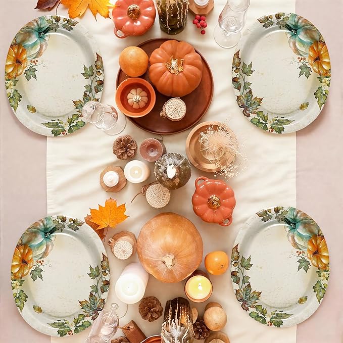 50 Pcs Fall Oval Paper Plates 10"×12" Large Vintage Watercolor Pumpkins Plates Disposable Heavy Duty Thanksgiving Platters for Fall Thanksgiving Party Decorations Autumn Holiday Harvest Party Supplies