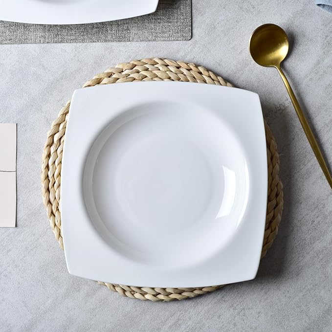 JWANGYUDG-White Square Dinner Plates Set of 6, 10 Inch Fine Bone China Ceramic Plates, Oven & Microwave Safe Scratch Resistant Large Dinner Plates for Home Party