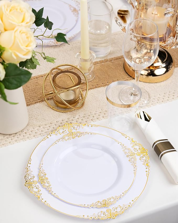 Nervure 700PCS Gold Plastic Plates - Gold Plastic Dinnerware Sets for 100 Guests - 200 Disposable Plates, 300 Silverware, 100 Cups, 100 Napkins for Wedding & Party