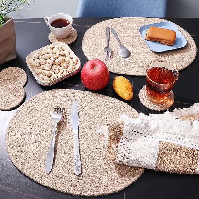Jute Woven Oval Placemats Set of 6, Brown Plate Charger 12x16 inches Jute Heat Resistant Non-Slip Weave Place mats Farmhouse Straw Braided Rattan Tablemats Wicker Placemats for Dining Table