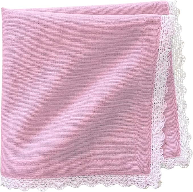 Fingercraft Dinner Cloth Napkin Cotton Linen Blend 12 Pack 12In Mitered Corners with Elegant Lace for Everyday Use Napkins Cloth are Pre Shrunk and Good Absorbency Pastel Rose