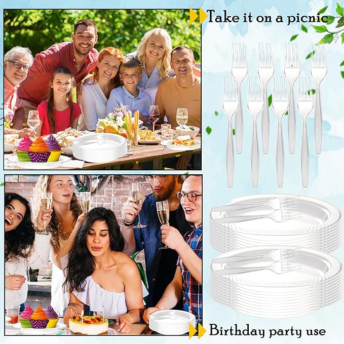 800 Pcs Clear Plastic Dessert Plates with Forks Include 400 Disposable Appetizer 6 Inch Plates 400 Plastic Forks Round Cake Salad Bulk Serve 400 Guests for Christmas New Year Wedding Birthday Party