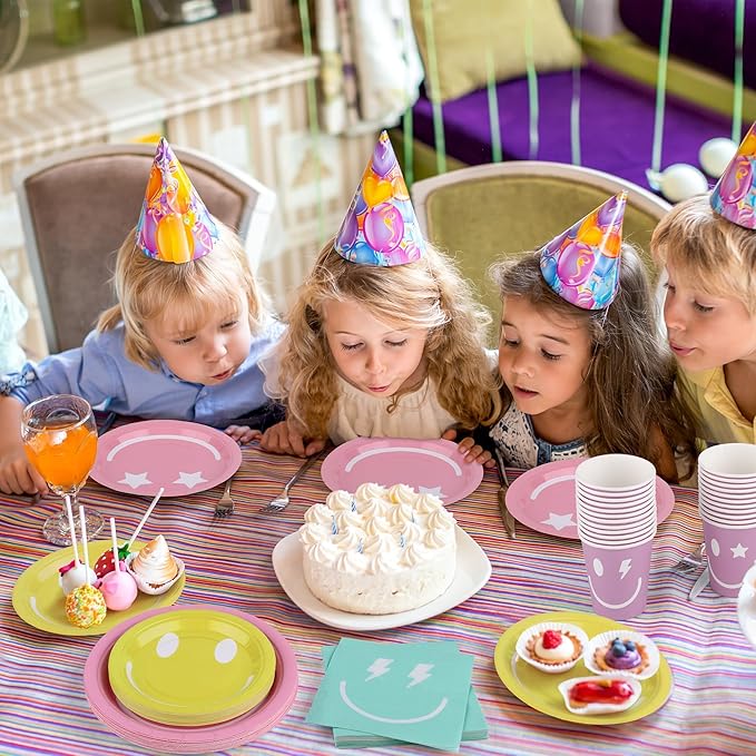Kochorie 96 Piece Preppy Smiley Face Party Paper Plates Preppy Smile Face Party Decorations Preppy Tableware Set Paper Smile Face Plates Cups Napkins Cutlery Serve 24 Guest for Birthday or Baby Shower