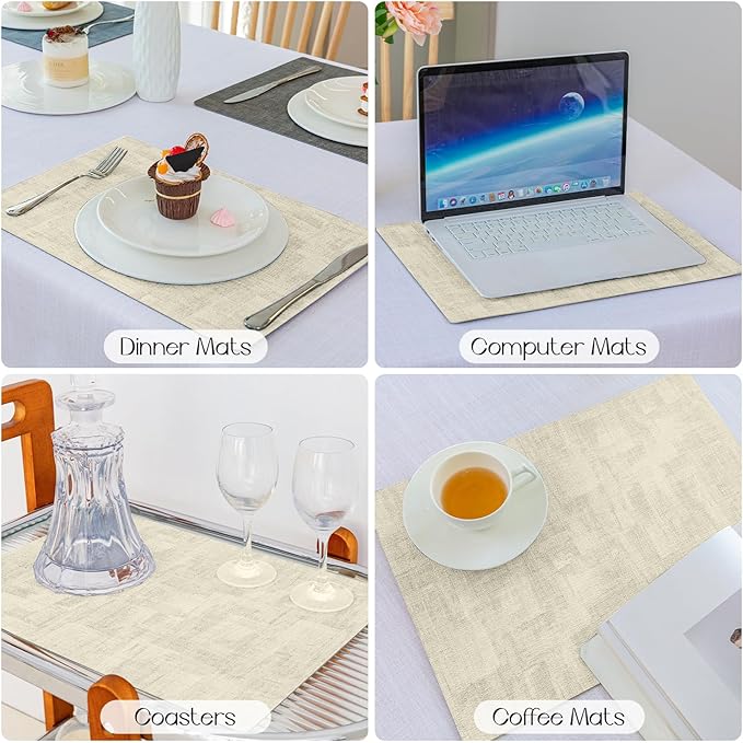 Romanstile Reversible Vinyl Placemats Set of 8, Faux Leather 100% Waterproof Oil-Proof Wipeable Place Mats, Heat Resistant Dual Sided Table Mats for Kitchen/Dining/Party (Grey Beige, 12 x 17 Inch)