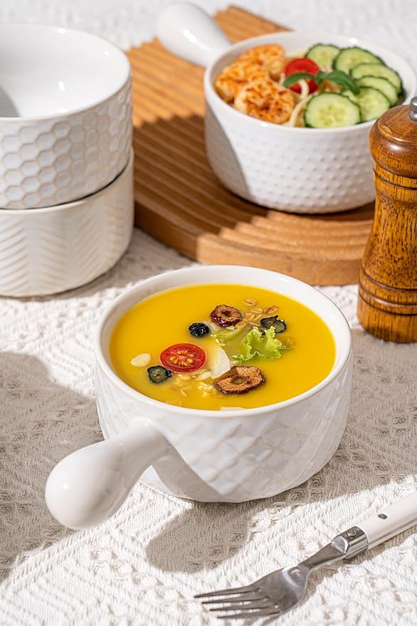 20oz Ceramic Soup Bowls with Handle, Set of 4,Textured Embossed Stoneware for Chili, Stew, Cereal,Microwave & Dishwasher Safe, Rustic Dinner Bowls for Home Kitchen